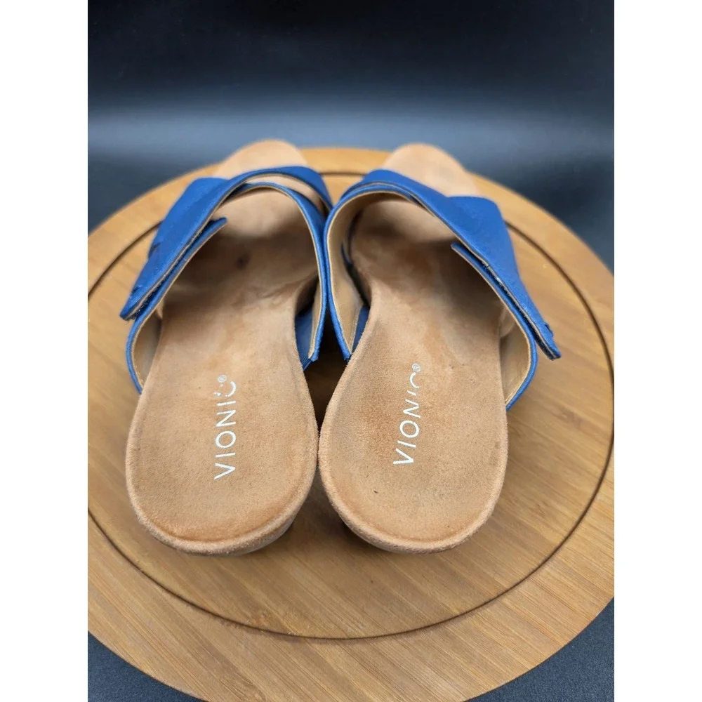 Vionic Leticia CrissCross Blue Leather Wedge Heel‎ Slip On Summer Sandal Size 9
